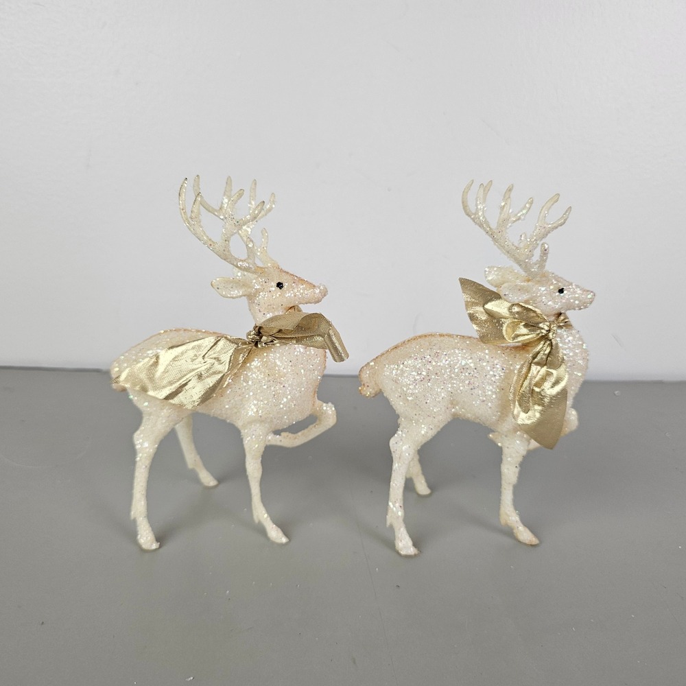White Glitter Reindeer Plastic Figurines with Gold Bows Christmas Decor Set of 2